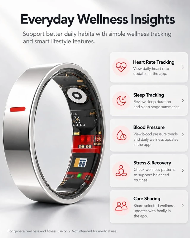 Alt view image 3 of 7 - Smart Ring for Women Men, Health Ring for Android & iOS No Subscription | 24/7 Heart Rate Blood Pressure Monitor, Sleep HRV Stress Tracker, IP68 Waterproof Step Calories Fitness Ring Tracker