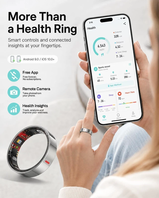Alt view image 6 of 7 - Smart Ring for Women Men, Health Ring for Android & iOS No Subscription | 24/7 Heart Rate Blood Pressure Monitor, Sleep HRV Stress Tracker, IP68 Waterproof Step Calories Fitness Ring Tracker