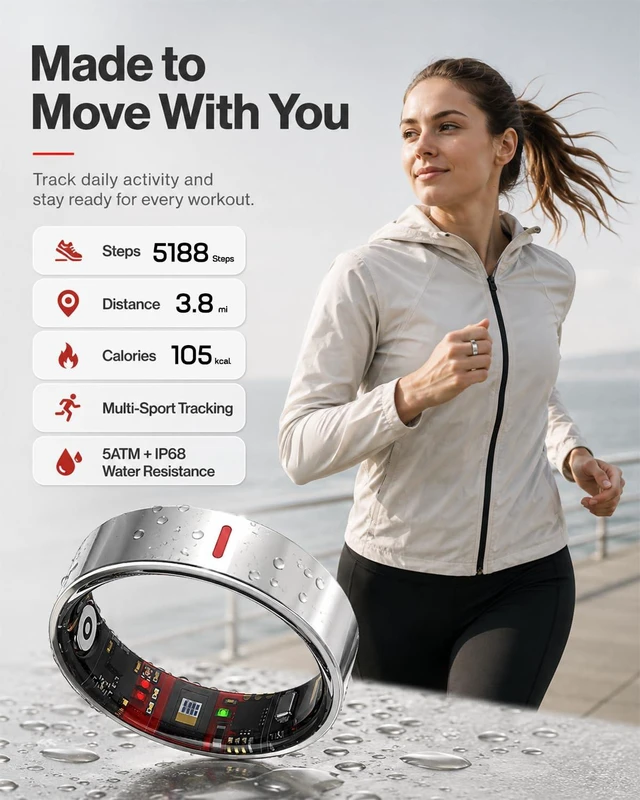 Alt view image 5 of 7 - Smart Ring for Women Men, Health Ring for Android & iOS No Subscription | 24/7 Heart Rate Blood Pressure Monitor, Sleep HRV Stress Tracker, IP68 Waterproof Step Calories Fitness Ring Tracker