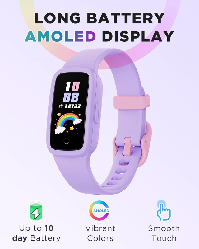 Alt view image 2 of 7 - BIGGERFIVE Vigor Kids Fitness Tracker Watch AMOLED Screen, 3ATM Waterproof | No Phone Needed, Pedometer, Heart Rate, Sleep Monitor, Vibrating Alarm, 10 Sport Modes, E-Pet for Girls Age 4-12, Lilac