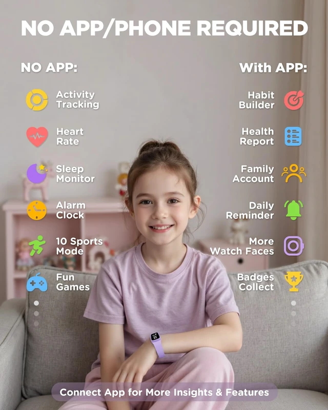 Alt view image 3 of 7 - BIGGERFIVE Vigor Kids Fitness Tracker Watch AMOLED Screen, 3ATM Waterproof | No Phone Needed, Pedometer, Heart Rate, Sleep Monitor, Vibrating Alarm, 10 Sport Modes, E-Pet for Girls Age 4-12, Lilac