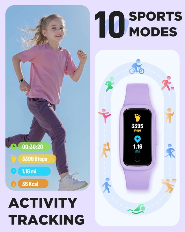 Alt view image 4 of 7 - BIGGERFIVE Vigor Kids Fitness Tracker Watch AMOLED Screen, 3ATM Waterproof | No Phone Needed, Pedometer, Heart Rate, Sleep Monitor, Vibrating Alarm, 10 Sport Modes, E-Pet for Girls Age 4-12, Lilac