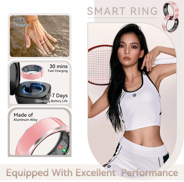 Alt view image 7 of 7 - Smart Ring for Women, Fitness & Activity Tracker with Blood Pressure/Heart Rate Monitor, Sleep Tracker, Step Counter, IP68 Waterproof Ring for iOS & Android, Fast Charge, No Subscription (Pink,Size9)
