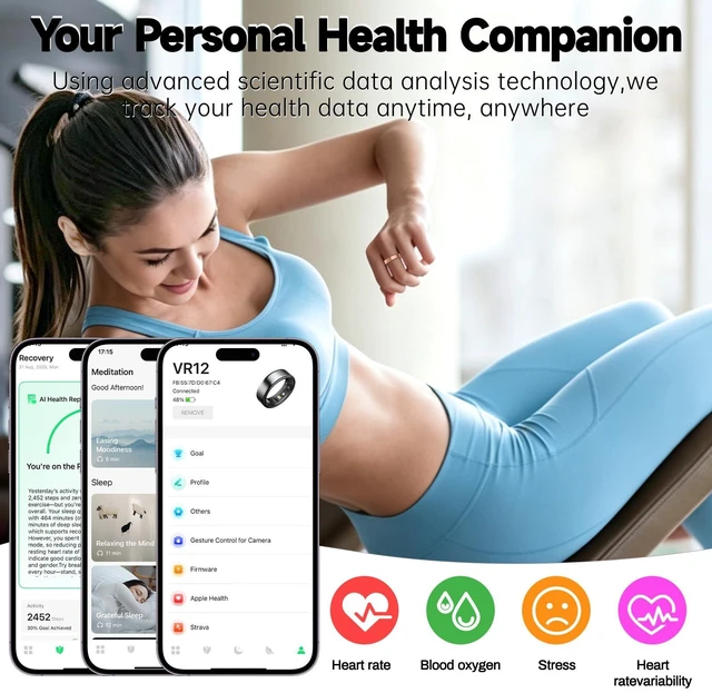 Alt view image 5 of 7 - Smart Ring for Women & Men, AI Health Analysis, Thin Fitness Tracker Ring, Health Ring with Heart Rate, SpO2, HRV, Stress, Sleep, Cycle and Activity Tracking, 6.42mm Design,No App Fees(Rose Gold,12#)