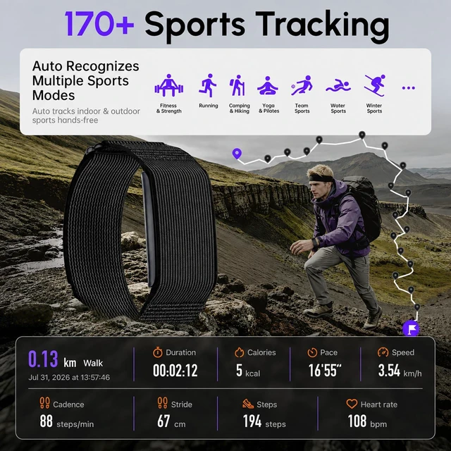 Alt view image 4 of 7 - Domhong Screenless Fitness Tracker Smart Band, Sleep, HRV, Heart Rate, SpO2 | 30-Day Battery, 170+ Sports, Free QwatchPro App, No Subscription, 25g, IP68, Connected GPS, Daily Energy & Women's Health