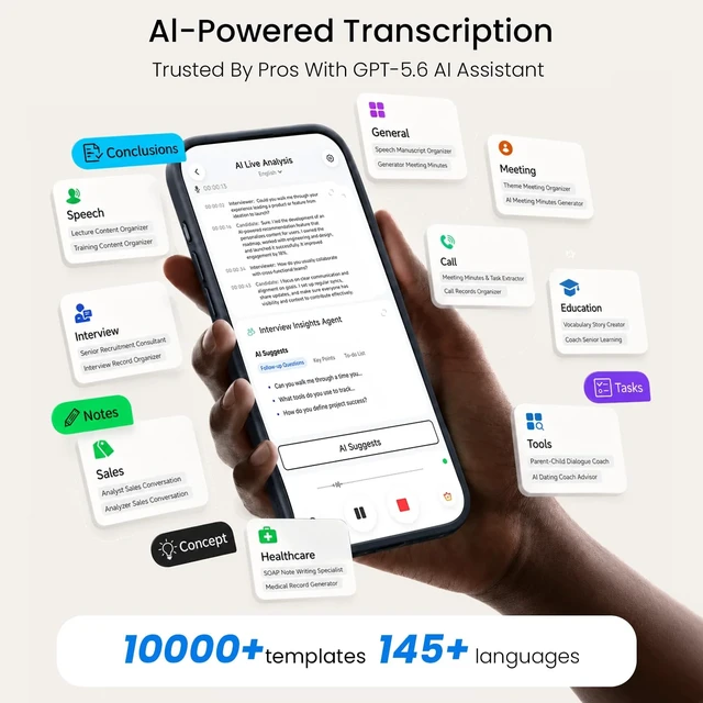 Alt view image 6 of 7 - AI Voice Recorder, AI Note Taker, Unlimited Transcription for Meeting | No Subscription, RealTime Analysis, Ultra-Slim, 145 Languages, Audio Recorder for Meetings, Calls, Lectures, Interviews