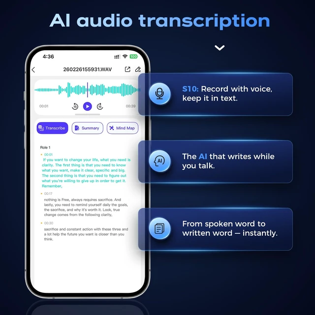 Alt view image 3 of 7 - AI Voice Recorder Note Taker, Speech to Text, Meeting Recorder | Transcription, AI summaries, mind maps, real-time translation, bilingual subtitles, app control, 150 languages