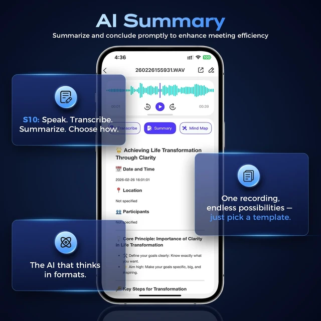 Alt view image 4 of 7 - AI Voice Recorder Note Taker, Speech to Text, Meeting Recorder | Transcription, AI summaries, mind maps, real-time translation, bilingual subtitles, app control, 150 languages