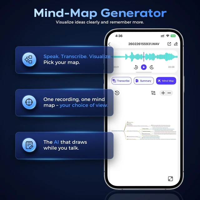 Alt view image 5 of 7 - AI Voice Recorder Note Taker, Speech to Text, Meeting Recorder | Transcription, AI summaries, mind maps, real-time translation, bilingual subtitles, app control, 150 languages