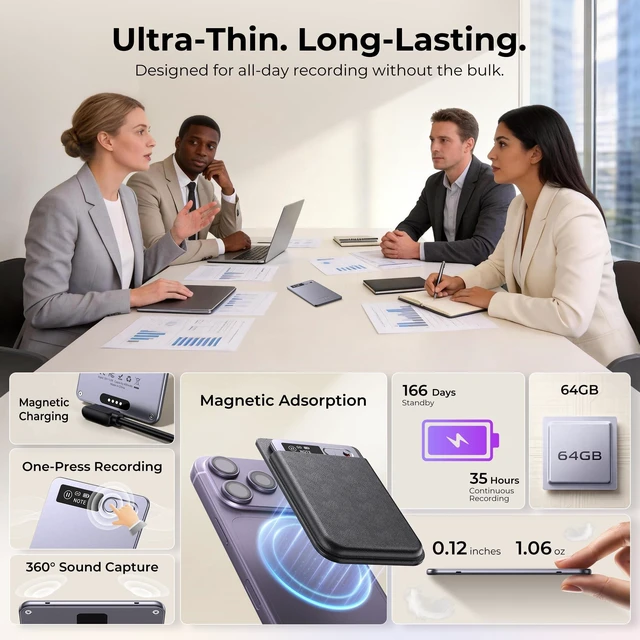 Alt view image 6 of 7 - AI Voice Recorder (2026 Upgraded), Magnetic Mini Digital Audio Recorder & Player, AI Transcription & Summaries, 118 Languages, APP Control, 64GB Storage for Lectures, Meetings, Calls(Slate Purple)