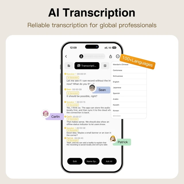 Alt view image 4 of 7 - AI Voice Recorder with Transcribe & Summarize for Meetings, Study & Work | AI Note Taker for Productivity, 100+ Languages, 360° Magnetic Phone Stand, Edit Speakers, 1TB Cloud Multi-Device Sync