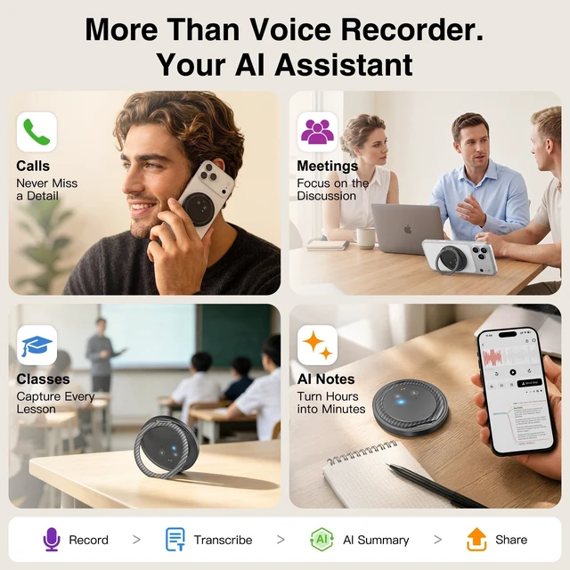 Alt view image 2 of 7 - AI Voice Recorder with Transcribe & Summarize for Meetings, Study & Work | AI Note Taker for Productivity, 100+ Languages, 360° Magnetic Phone Stand, Edit Speakers, 1TB Cloud Multi-Device Sync