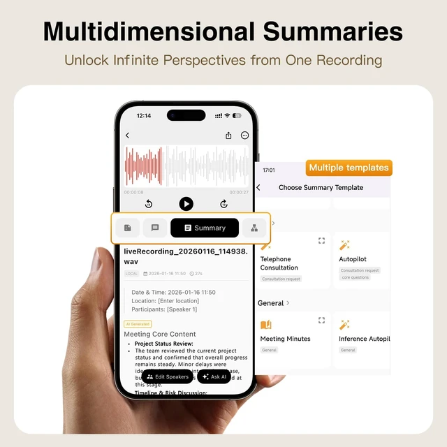 Alt view image 3 of 7 - AI Voice Recorder with Transcribe & Summarize for Meetings, Study & Work | AI Note Taker for Productivity, 100+ Languages, 360° Magnetic Phone Stand, Edit Speakers, 1TB Cloud Multi-Device Sync