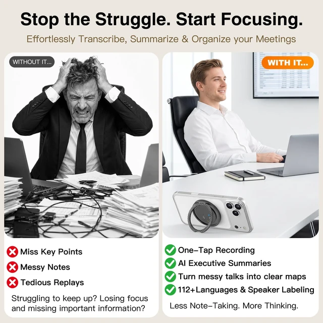 Alt view image 6 of 7 - AI Voice Recorder with Transcribe & Summarize for Meetings, Study & Work | AI Note Taker for Productivity, 100+ Languages, 360° Magnetic Phone Stand, Edit Speakers, 1TB Cloud Multi-Device Sync