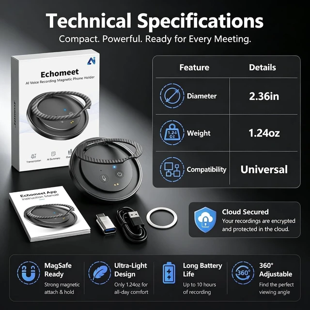 Alt view image 7 of 7 - AI Voice Recorder with Transcribe & Summarize for Meetings, Study & Work | AI Note Taker for Productivity, 100+ Languages, 360° Magnetic Phone Stand, Edit Speakers, 1TB Cloud Multi-Device Sync