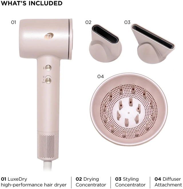 Alt view image 7 of 7 - T3 LuxeDry Ionic Hair Dryer Set, Blow Dryer with Diffuser for Curly, Wavy & All Hair Types, Drying & Styling Concentrators, 3 Heat & 2 Speed Settings, Cool Shot, Frizz-Free Shine