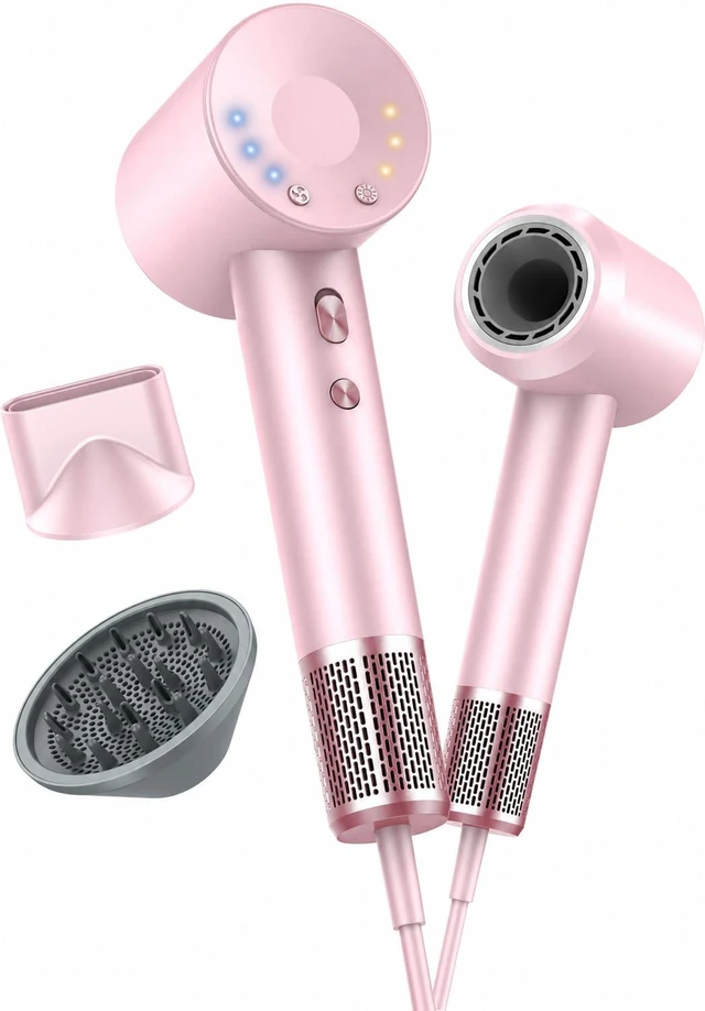 Main image of aowoka 160,000 RPM High-Speed Ionic Hair Dryer with Diffuser, Pink | 500 Million Negative Ions, Heat Control, Low-Noise, Fast Drying, Reduces Frizz, Compact Size, Ideal for Travel