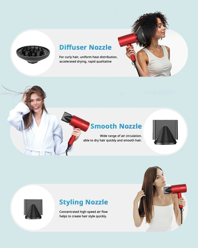Alt view image 4 of 7 - SHRATE Professional Ionic Hair Dryer with Diffuser & Nozzle | Low Noise | Compact Blow Dryer for Curly, Frizzy & All Hair Types | Gentle for Sensitive Hair | Design for Home, Travel, Women & Men