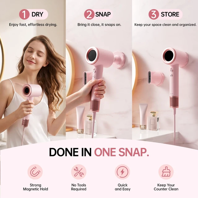 Alt view image 3 of 7 - BOWEI High-Speed Ionic Hair Dryer, 110,000 RPM with Magnetic Wall Mount | Fast-drying hair dryer with 200M negative ions, quiet 49dB operation, lightweight design & magnetic concentrator for styling.