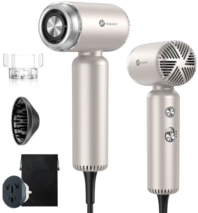 Main image of slopehill Dual Voltage Travel Hair Dryer with Diffuser, Ionic, 1500W, Gold | Lightweight & Portabe, Mini High-speed Professional Fast Drying, Compact & Quiet, Women, Global Auto Volt 100V-240V