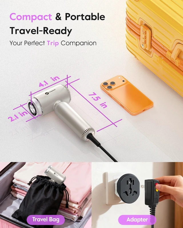 Alt view image 7 of 7 - slopehill Dual Voltage Travel Hair Dryer with Diffuser, Ionic, 1500W, Gold | Lightweight & Portabe, Mini High-speed Professional Fast Drying, Compact & Quiet, Women, Global Auto Volt 100V-240V