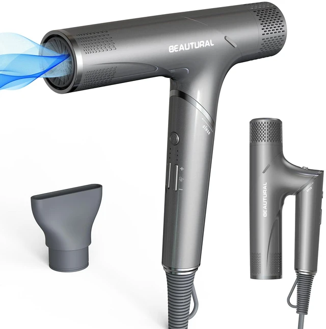Main image of BEAUTURAL 1600W High-Speed Foldable Dual Voltage Travel Hair Dryer, Gray | 110,000 RPM Brushless Motor, 3 Temps & Speeds, Ionic Anti-Frizz, Dual Voltage 100-240V, Lightweight Travel-Ready