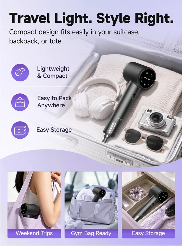 Alt view image 6 of 7 - High-Speed Ionic Hair Dryer, Fast-Drying Blow Dryer, Lightweight, Quiet | 64 m/s fast drying. 0.81 lb light. 610M ions, less frizz. Gentle Mode for fine hair. 14-mode smart touch. 60 dB quiet.