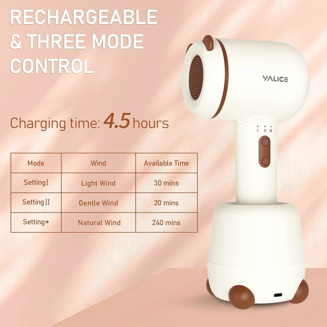 Alt view image 4 of 4 - YALICE Cordless Hair Dryer for Baby and Kids, Portable Travel Blow Dryer with Gentle Airflow & Low Heat Ionic Care for Infant, 3 Speed Settings, Mini Rechargeable Hair Dryer with Charging Base, Khaki
