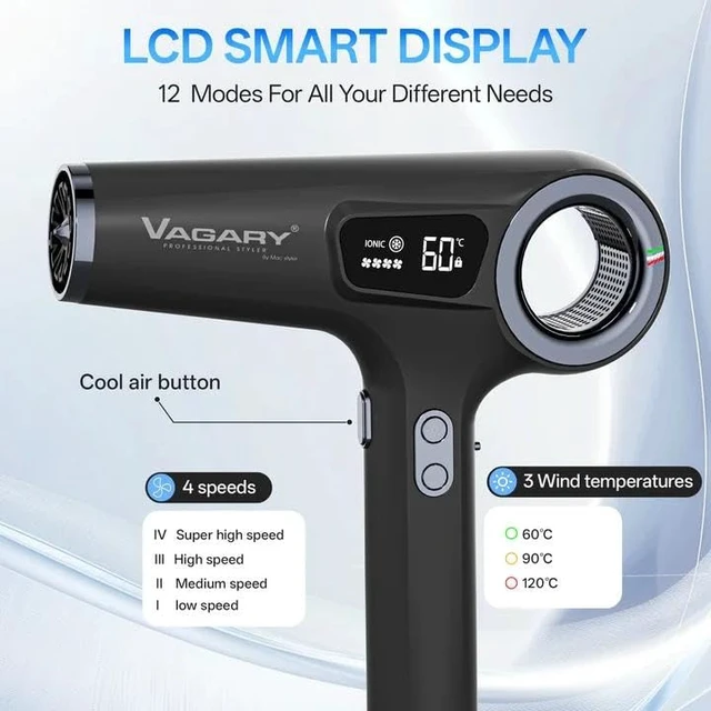 Alt view image 4 of 7 - VAGARY High Speed Ionic Hair Dryer with Diffuser, 110000 RPM Brushless Motor Blow Dryer, 500 Million Negative Ions Fast Drying for Women, Low Noise Dryer for Smooth Frizz-Free HairBlack
