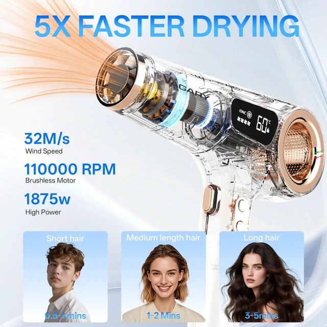 Alt view image 3 of 7 - VAGARY High Speed Ionic Hair Dryer with Diffuser, 110000 RPM Brushless Motor Blow Dryer, 500 Million Negative Ions Fast Drying for Women, Low Noise Dryer for Smooth Frizz-Free HairBlack