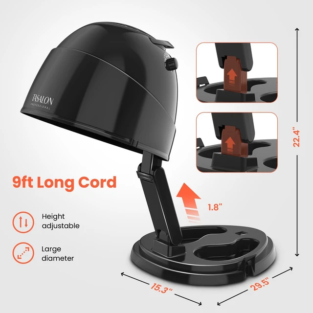 Alt view image 3 of 7 - TASALON Portable Height Adjustable Hooded Hair Dryer, Black | 1875W power with 3 heating settings, ideal for salon and home hair styling