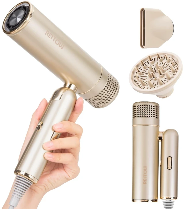 Main image of REITOW Travel Foldable Dual-Voltage Plasma High-Speed Hair Dryer in Gold | 100-240V|International Travel|Diffuser, European Adaptor & Storage Bag Included|Compact|Lightweight|Cool Shot|All Hair Types