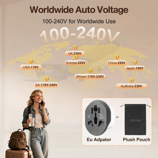 Alt view image 3 of 7 - REITOW Travel Foldable Dual-Voltage Plasma High-Speed Hair Dryer in Gold | 100-240V|International Travel|Diffuser, European Adaptor & Storage Bag Included|Compact|Lightweight|Cool Shot|All Hair Types