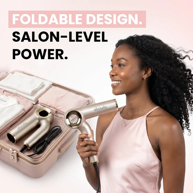 Alt view image 5 of 7 - ELLA BELLA® Ionic Hair Dryer (Foldable) with Diffuser, Perfect for Travel | Negative Ion Blow Dryer. Intelligent Heat Control & Rapid Drying. Lightweight, Low Noise Technology