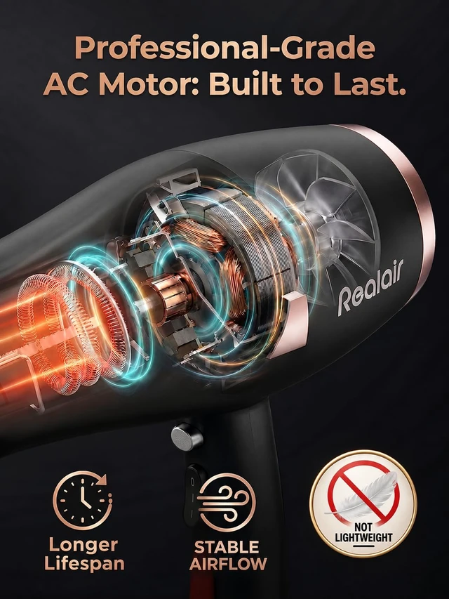 Alt view image 4 of 7 - Realair Professional Salon Hair Dryer with Diffuser, 1875W AC Motor | Deliver 5X fast drying, Powerful Hair Blow Dryer for Women and Men, Fast & Easy Styling