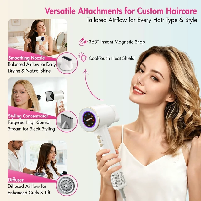 Alt view image 7 of 7 - ZmarKraft® High-Speed Plasma & Ionic Hair Dryer Smart Temp Control | Dual-Ion Plasma Technology | Noise Reduction | Grip Activation | Fast Drying | Self-Cleaning | Include Diffuser, Concentrator