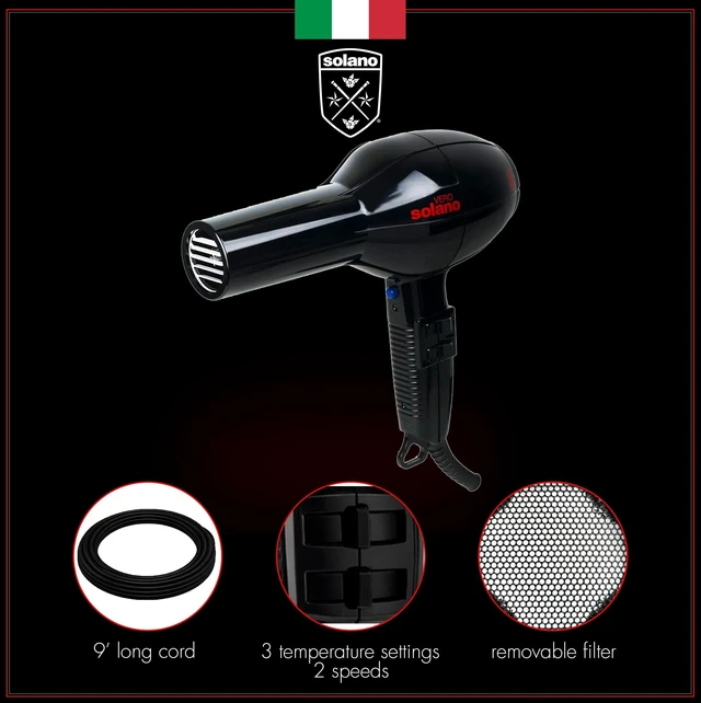 Alt view image 2 of 7 - Solano Vero Ceramic Ionic Hair Dryer Anti-Frizz + Smoothness + Shine | Lightweight ergonomic design, Made in Italy, adds shine, cuts drying time
