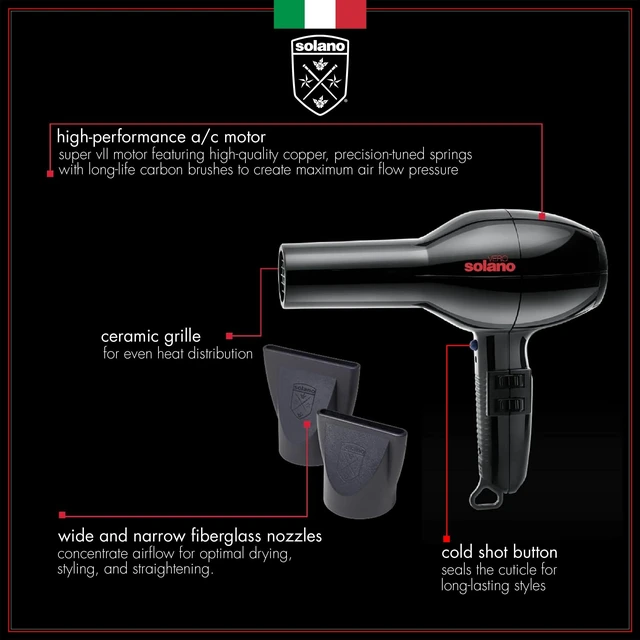 Alt view image 3 of 7 - Solano Vero Ceramic Ionic Hair Dryer Anti-Frizz + Smoothness + Shine | Lightweight ergonomic design, Made in Italy, adds shine, cuts drying time
