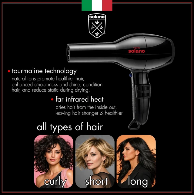 Alt view image 6 of 7 - Solano Vero Ceramic Ionic Hair Dryer Anti-Frizz + Smoothness + Shine | Lightweight ergonomic design, Made in Italy, adds shine, cuts drying time