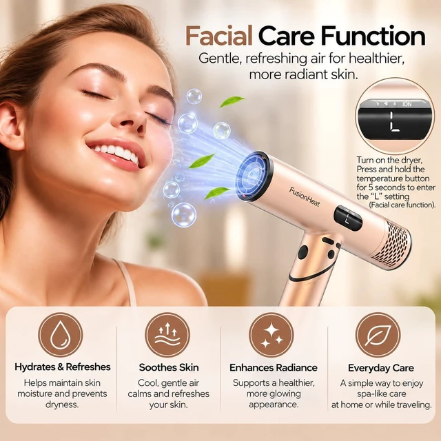 Alt view image 3 of 7 - Dual Voltage Ionic Travel Hair dryer with Diffuser, Magnetic Attachments | 1600W Fast Drying, 0.7lb Lightweight Foldable Design, LED Display, Diffuser, Worldwide 100-240V, Auto Clean, Facial Care