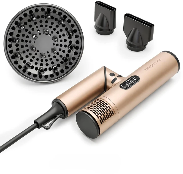 Main image of Dual Voltage Ionic Travel Hair dryer with Diffuser, Magnetic Attachments | 1600W Fast Drying, 0.7lb Lightweight Foldable Design, LED Display, Diffuser, Worldwide 100-240V, Auto Clean, Facial Care