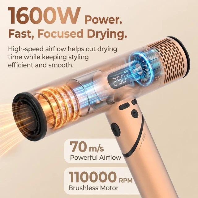 Alt view image 5 of 7 - Dual Voltage Ionic Travel Hair dryer with Diffuser, Magnetic Attachments | 1600W Fast Drying, 0.7lb Lightweight Foldable Design, LED Display, Diffuser, Worldwide 100-240V, Auto Clean, Facial Care