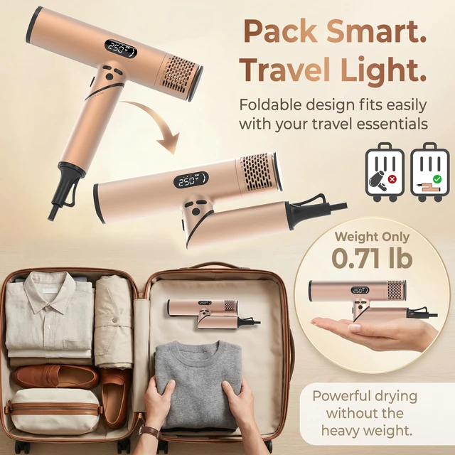 Alt view image 7 of 7 - Dual Voltage Ionic Travel Hair dryer with Diffuser, Magnetic Attachments | 1600W Fast Drying, 0.7lb Lightweight Foldable Design, LED Display, Diffuser, Worldwide 100-240V, Auto Clean, Facial Care