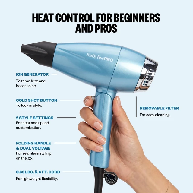 Alt view image 5 of 7 - BaBylissPRO Compact Folding Ionic Dryer, Hair Dryer, Dual Voltage | Blow dryer folds flat for travel with Nano Titanium technology and an ion generator for smooth, shiny, frizz-free results