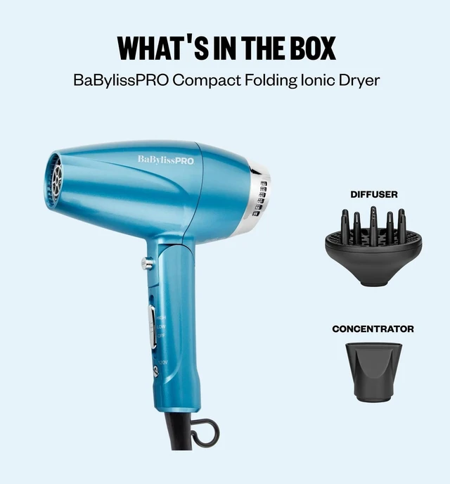 Alt view image 7 of 7 - BaBylissPRO Compact Folding Ionic Dryer, Hair Dryer, Dual Voltage | Blow dryer folds flat for travel with Nano Titanium technology and an ion generator for smooth, shiny, frizz-free results