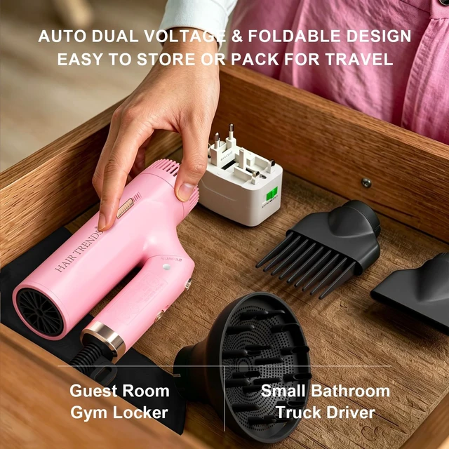 Alt view image 6 of 7 - Dual Voltage Travel Hair Dryer with DiffuserCompact for International Trip | 1200W Foldable Hair Dryer for Women Lightweight, 110V-240V Portable Cruise Essential Pink Blow Dryer for Travel & Dorm Use