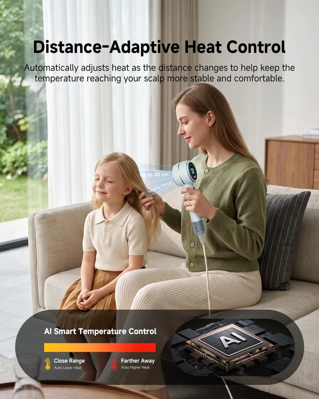 Alt view image 3 of 7 - High-Speed 1400W Ionic Hair Dryer with Diffuser & Smart Heat Control | 160,000 RPM Fast Drying, Distance-Sensing Heat Control & LED Display, 4 Modes & 2 Speeds, 51dB Quiet for Travel, Women & Men