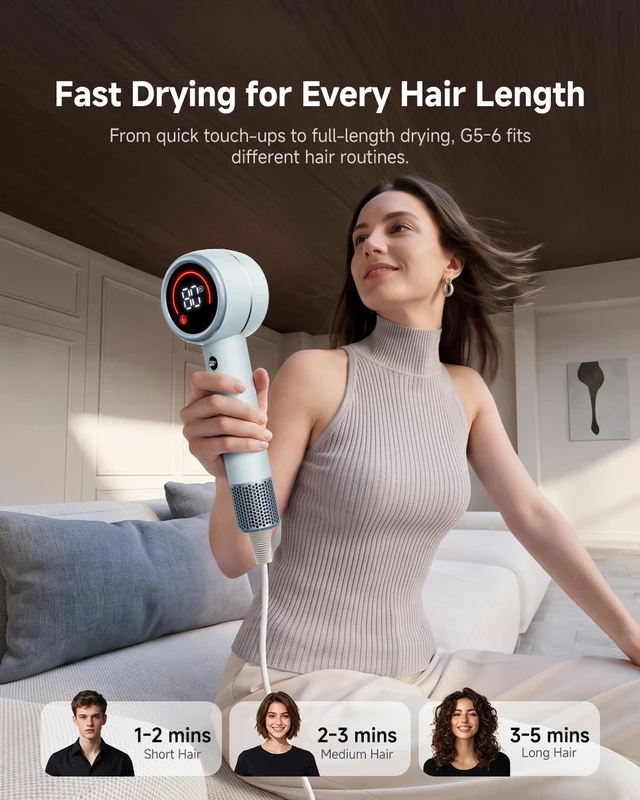 Alt view image 6 of 7 - High-Speed 1400W Ionic Hair Dryer with Diffuser & Smart Heat Control | 160,000 RPM Fast Drying, Distance-Sensing Heat Control & LED Display, 4 Modes & 2 Speeds, 51dB Quiet for Travel, Women & Men