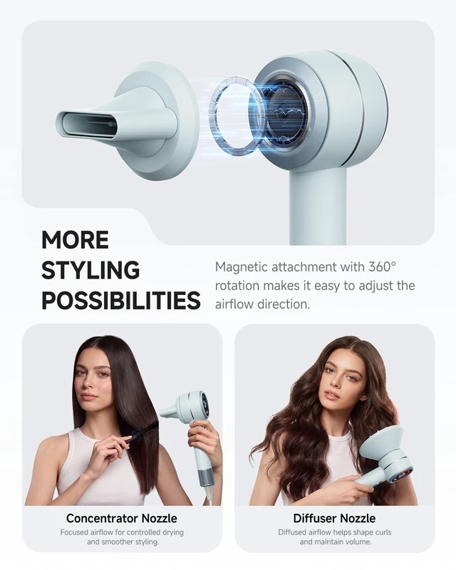Alt view image 7 of 7 - High-Speed 1400W Ionic Hair Dryer with Diffuser & Smart Heat Control | 160,000 RPM Fast Drying, Distance-Sensing Heat Control & LED Display, 4 Modes & 2 Speeds, 51dB Quiet for Travel, Women & Men
