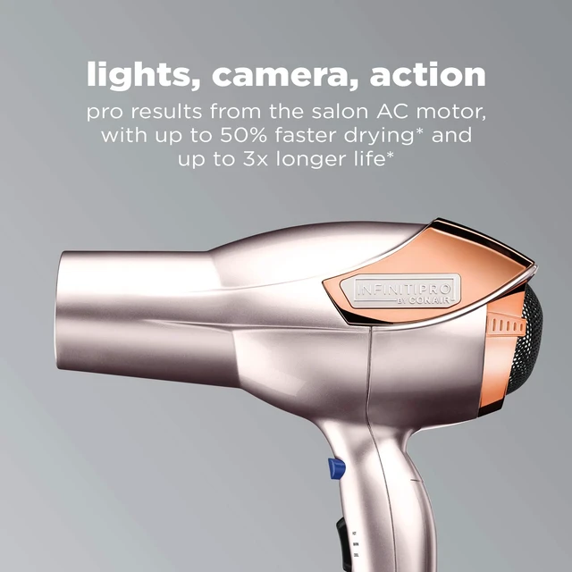 Alt view image 2 of 7 - INFINITIPRO BY CONAIR Hair Dryer with Diffuser | Volume and Shine Pro AC Motor Blow Dryer | Includes Diffuser and Concentrator | Rose Gold